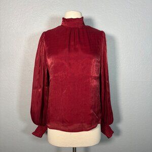 VICI Women Size Small Red Long Sleeve Blouse Top Shiny Chiffon Mock Neck Holiday